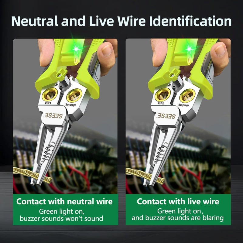 SEESE 8-in-1 Wire Stripper for Electrician: Needle Nose Pliers with Voltage Tester & Dual Alarms - Electrical Pliers for Cutting Wires, Pulling Wires and Crimp Wires - Image 5