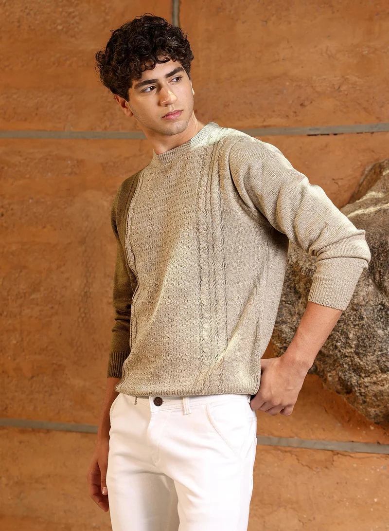 Campus Sutra Campus Sutra Men's Sand Beige Textured-Jacquard Knit Pullover Sweater | Round Neck , Ribbed Cuff Sleeves , Pull On Closure , Ribbed-Straight Hem | Solid Jacquard For Casual & Daily Wear
