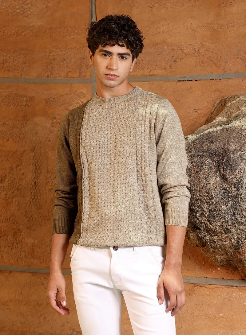 Campus Sutra Campus Sutra Men's Sand Beige Textured-Jacquard Knit Pullover Sweater | Round Neck , Ribbed Cuff Sleeves , Pull On Closure , Ribbed-Straight Hem | Solid Jacquard For Casual & Daily Wear
