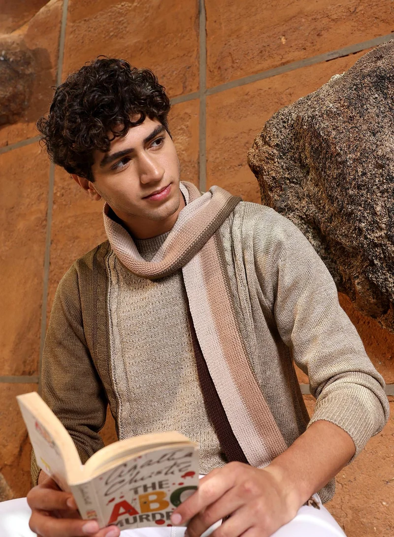 Campus Sutra Campus Sutra Men's Sand Beige Textured-Jacquard Knit Pullover Sweater | Round Neck , Ribbed Cuff Sleeves , Pull On Closure , Ribbed-Straight Hem | Solid Jacquard For Casual & Daily Wear