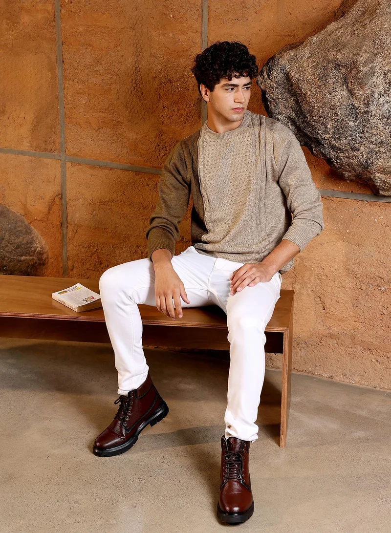 Campus Sutra Campus Sutra Men's Sand Beige Textured-Jacquard Knit Pullover Sweater | Round Neck , Ribbed Cuff Sleeves , Pull On Closure , Ribbed-Straight Hem | Solid Jacquard For Casual & Daily Wear