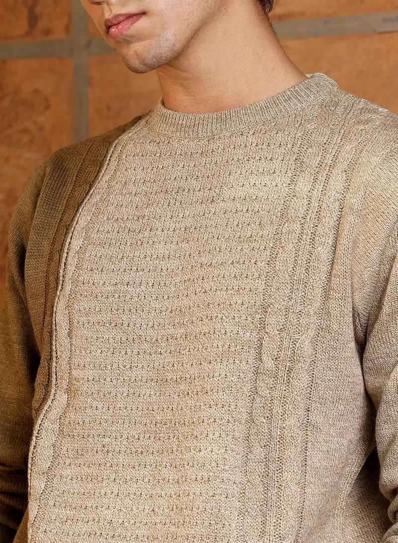 Campus Sutra Campus Sutra Men's Sand Beige Textured-Jacquard Knit Pullover Sweater | Round Neck , Ribbed Cuff Sleeves , Pull On Closure , Ribbed-Straight Hem | Solid Jacquard For Casual & Daily Wear