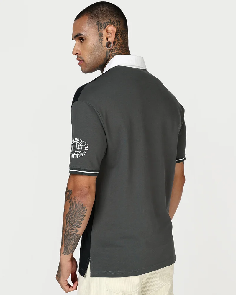 bewakoof  Men's Dark Shadow Grey & Black Color Block Oversized Polo T-shirt  | Best Price UAE