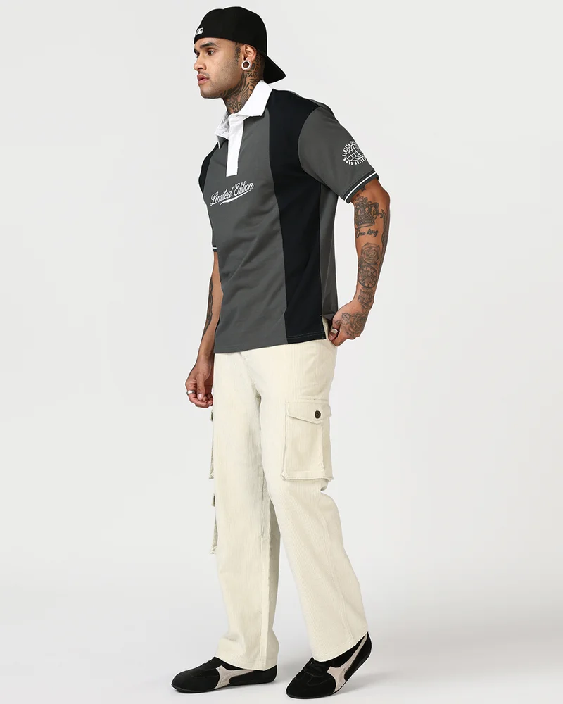 bewakoof  Men's Dark Shadow Grey & Black Color Block Oversized Polo T-shirt  | Best Price UAE