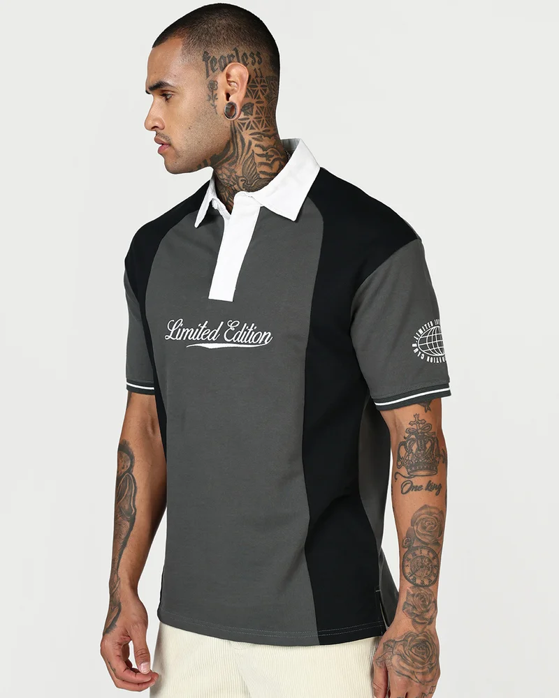 bewakoof  Men's Dark Shadow Grey & Black Color Block Oversized Polo T-shirt  | Best Price UAE