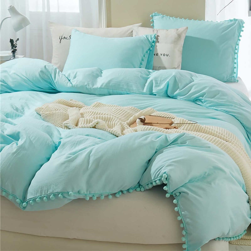 ETDIFFE Turquoise Pom Duvet Cover Queen Size  3 Piece Aqua Boho Bohemian Farmhouse Microfiber Comforter Cover Set  Soft and Lightweight Quilt Cover Solid Teal Pompom