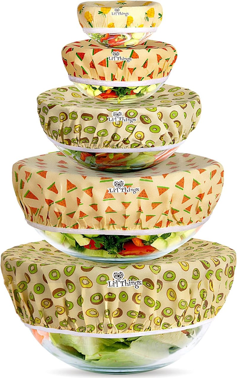 Li'l Things Li’l Things Beeswax Bowl Covers – Reusable Wraps Set of 5 | Organic Cotton, Beeswax & Jojoba | Eco-Friendly, Washable Lids for Bread Proofing, Jars, Pet Food (XS–XL) -Fruity Fruit - Image 1