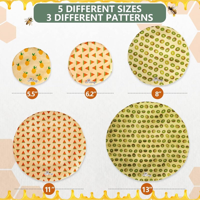 Li'l Things Li’l Things Beeswax Bowl Covers – Reusable Wraps Set of 5 | Organic Cotton, Beeswax & Jojoba | Eco-Friendly, Washable Lids for Bread Proofing, Jars, Pet Food (XS–XL) -Fruity Fruit - Image 3
