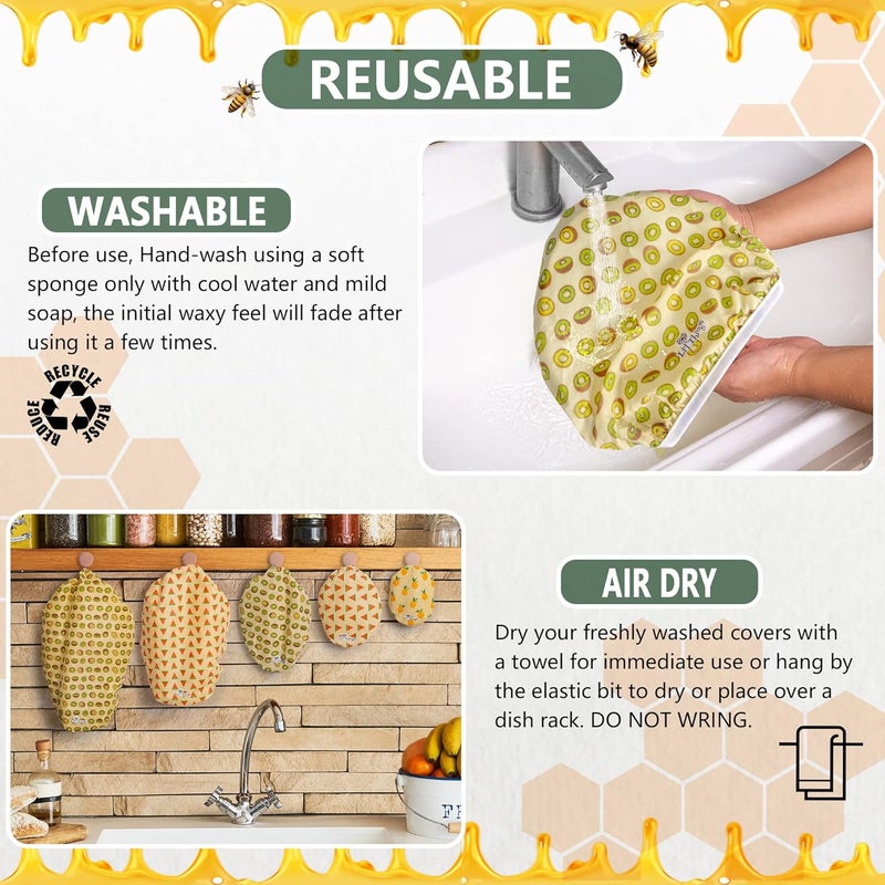 Li'l Things Li’l Things Beeswax Bowl Covers – Reusable Wraps Set of 5 | Organic Cotton, Beeswax & Jojoba | Eco-Friendly, Washable Lids for Bread Proofing, Jars, Pet Food (XS–XL) -Fruity Fruit - Image 5