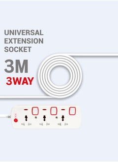 AFRA Universal Extension Cord, 3 Way 3M, 3 Universal Sockets, 3 Meter Cable, Easy Set-Up & Storage, Shock proof, 250V, ESMA, ROHS, and CB Certified with 2 Years Warranty