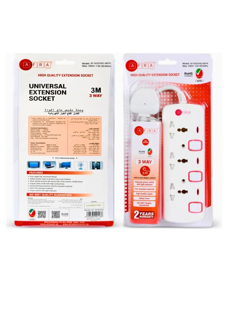 AFRA - AFRA Universal Extension Cord, 3 Way 3M, 3 Universal Sockets, 3 Meter Cable, Easy Set-Up & Storage, Shock proof, 250V, ESMA, ROHS, and CB Certified with 2 Years Warranty - Image 1