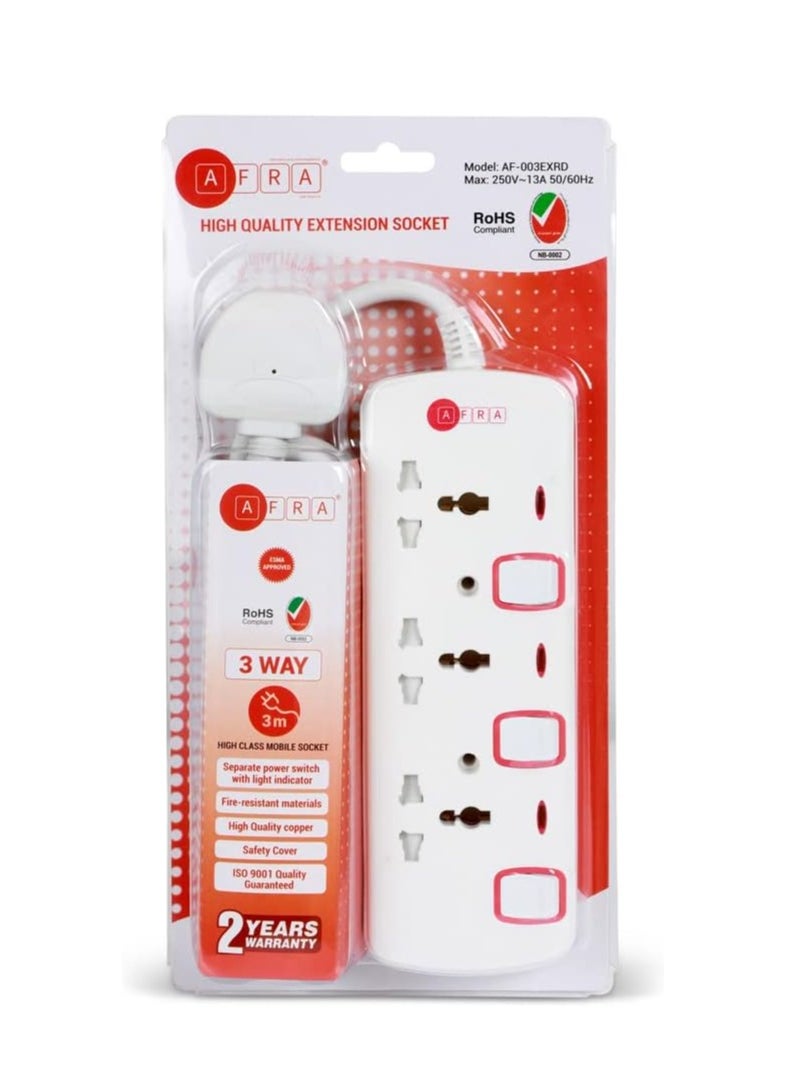 AFRA - AFRA Universal Extension Cord, 3 Way 3M, 3 Universal Sockets, 3 Meter Cable, Easy Set-Up & Storage, Shock proof, 250V, ESMA, ROHS, and CB Certified with 2 Years Warranty - Image 1