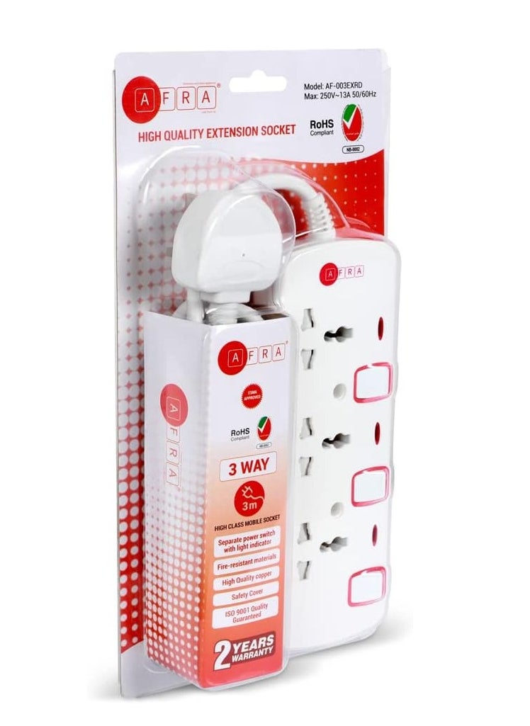 AFRA - AFRA Universal Extension Cord, 3 Way 3M, 3 Universal Sockets, 3 Meter Cable, Easy Set-Up & Storage, Shock proof, 250V, ESMA, ROHS, and CB Certified with 2 Years Warranty - Image 1
