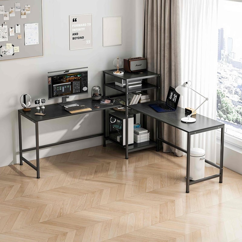 JOYSEUS Extra Long Computer Desk for Two People, with Bookshelf, L-Shape Design, Large Office Desk Study Table with CPU Stand and Storage Shelves, Adjustable Feet (black) - Image 1