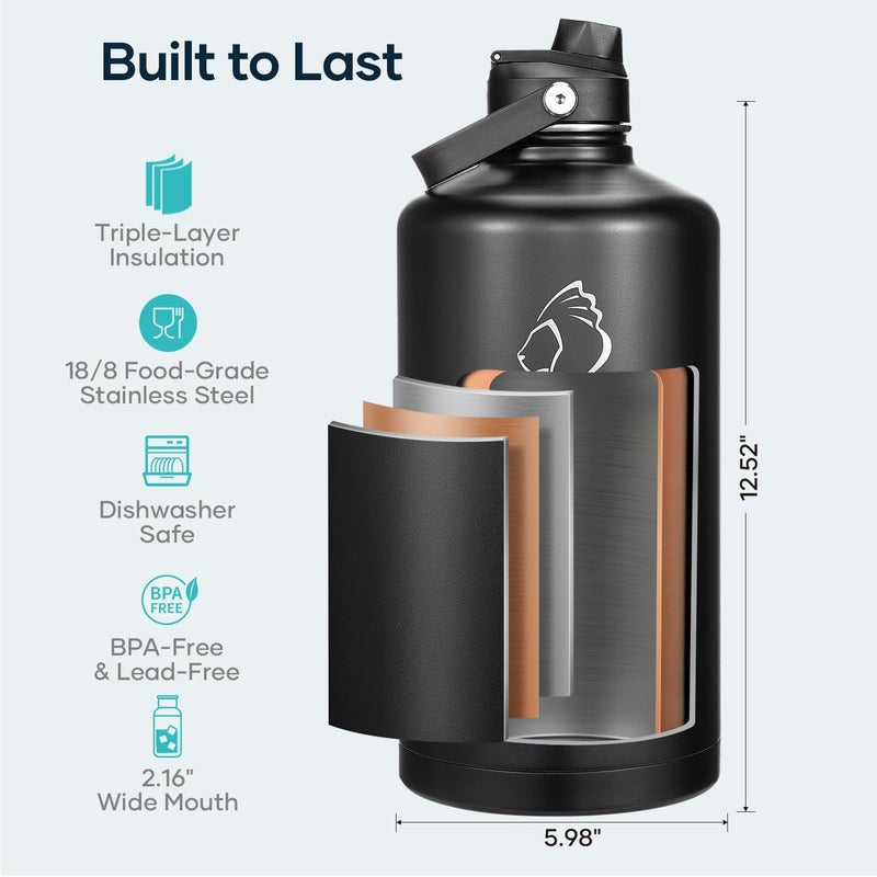 BUZIO 1 Gallon Water Jug with Straw Handle Lid, 128oz Water Bottle Stainless Steel Double Wall Hydro Jug 18/8 Food Grade Thermo Mug Keep Cold 48H & Hot 24H, Black - Image 4