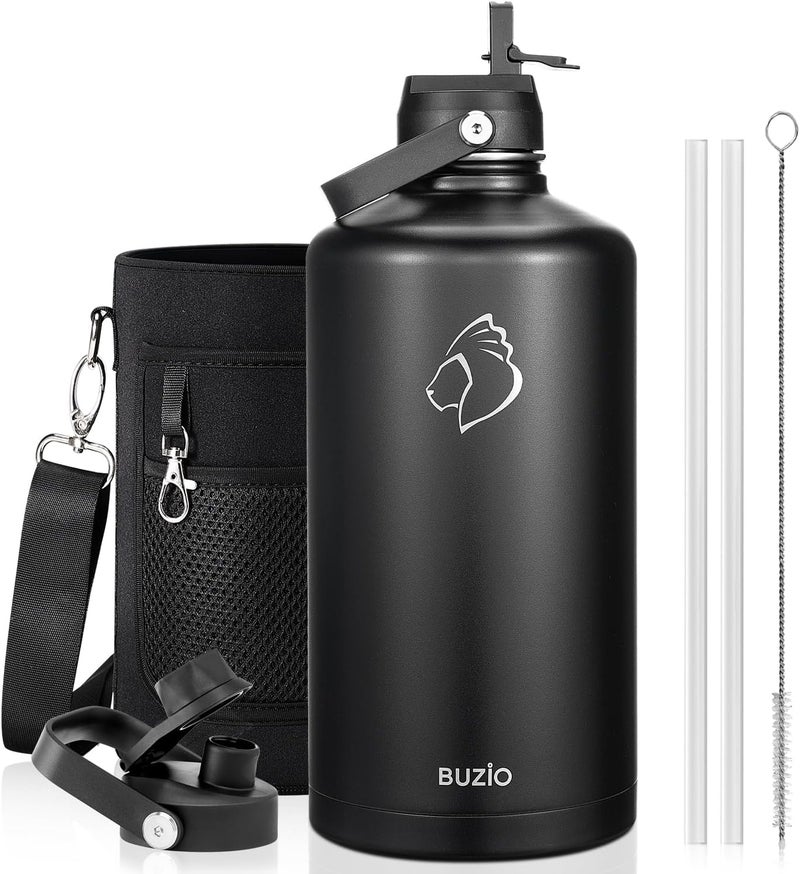 BUZIO 1 Gallon Water Jug with Straw Handle Lid, 128oz Water Bottle Stainless Steel Double Wall Hydro Jug 18/8 Food Grade Thermo Mug Keep Cold 48H & Hot 24H, Black - Image 1