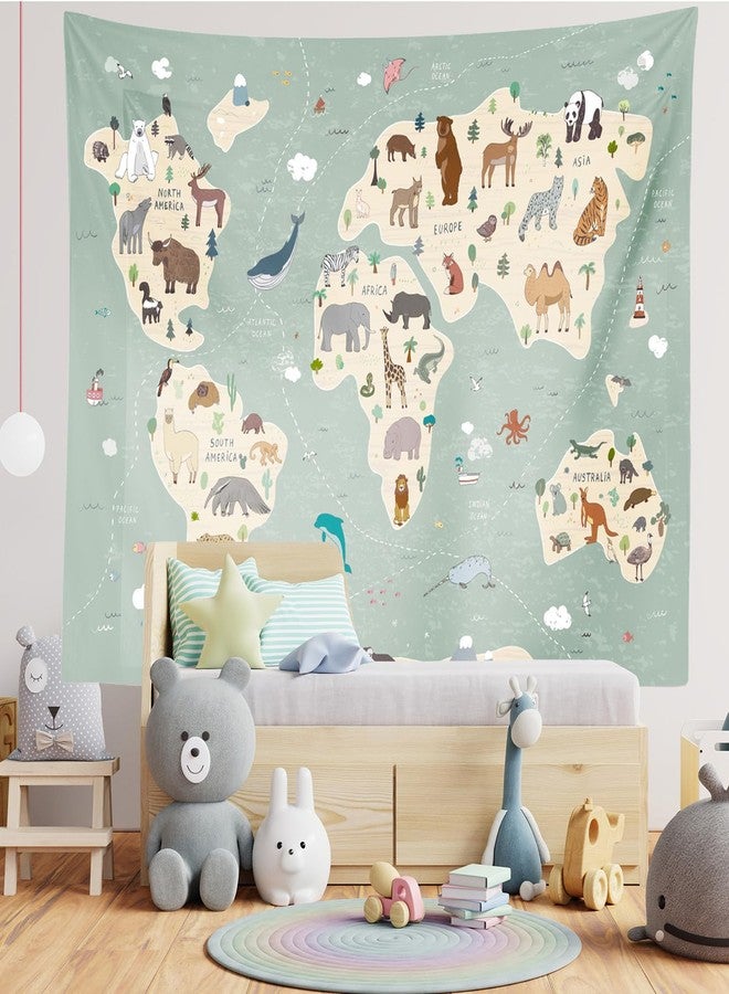Loccor Animal World Map Tapestry for Kids Map World Cartoon Animal Educationa Learning Wall Hanging Tapestry for Children Bedroom Living Room Nursery Dorm Home Decor 80x60 inches - Image 1