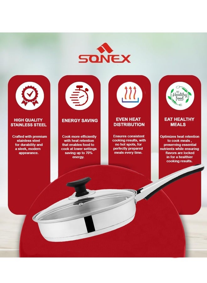 SONEX مقلاة سونكس سوبريم 20 سم (1 لتر) – ستانلس ستيل، غطاء زجاجي، مقبض مريح بارد، قاعدة ساندويتش، تصميم متين، آمنة في غسالة الصحون، مقلاة للقلي، متوافقة مع جميع أنواع المواقد - Image 5