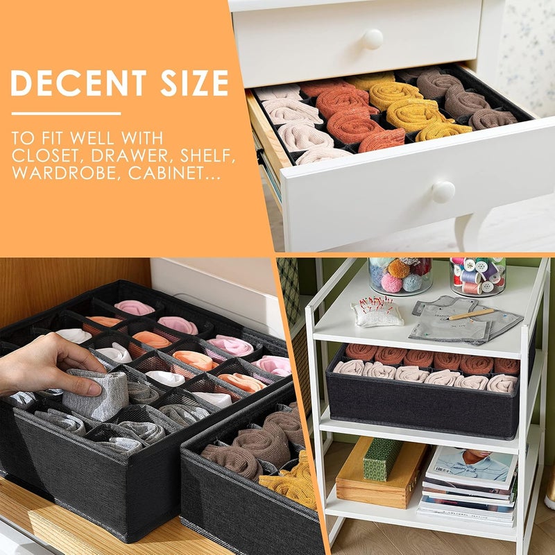 Criusia 3 Pack Sock Underwear Organizer Dividers, 64 Cell Fabric Foldable Cabinet Closet Organizers and Storage Boxes for Storing Socks, Underwear, Ties (16+24+24 Cell, Black) - Image 4