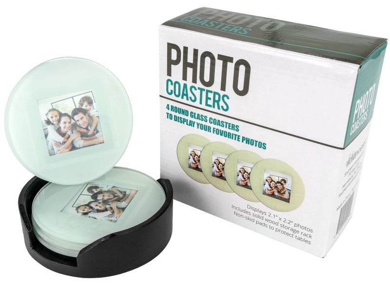 Southern Homewares Glass Photo Frame Picture Coasters Circle with Wood Storage Rack (Set of 4) 