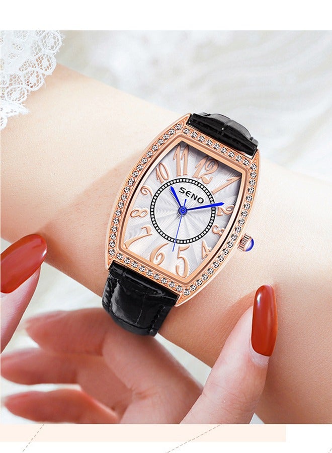 SENO Stylish Barrel-Shaped Black Leather Watch, Sparkling Diamond Numerals Waterproof Quartz Wristwatch, Versatile and Fashionable. - Image 3