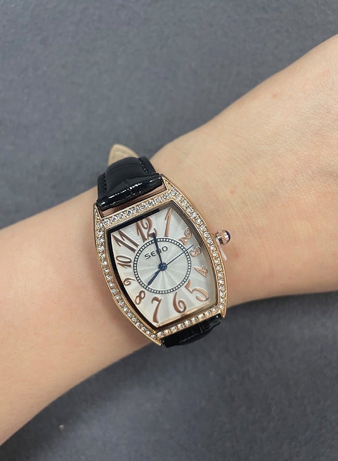 SENO Stylish Barrel-Shaped Black Leather Watch, Sparkling Diamond Numerals Waterproof Quartz Wristwatch, Versatile and Fashionable. - Image 4