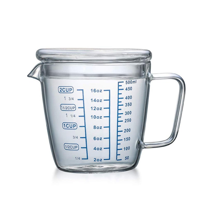 Glass Measuring Cup with Lid Handle Borosilicate VShaped Spout Microwave Safe Kitchen Mixing Accessories 3 Measurement Scales Cup ML OZ Easy Measure Liquid Powder Milk Cups for Cooking Baking