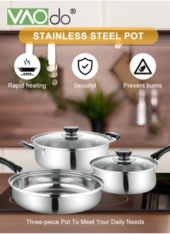 VAOdo 3PCS Pots and Pans Set Stock pots Milk Pots and Saucepans with Lids  Thickened Stainless Steel Material Cookware Set  - Image 5