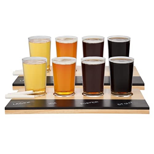 DECO D'Eco Beer Tasting Flight Sampler Boards (2 Pack) - Set Includes Eight 6 oz Pilsner Craft Brew Glasses & 2 Wooden Paddles w Chalkboards - Great for Football Games & Date Nights - Gift for Him - Image 2