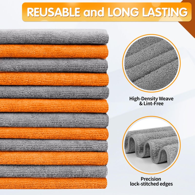 FIXSMITH Microfiber Cleaning Cloth -Pack of 12  Highly Absorbent Cleaning Rags(Grey&Orange)  16""X12"" All Purpose Cleaning Towels for Housekeeping  Kitchen  Car  Reusable Microfiber Towels - Image 3