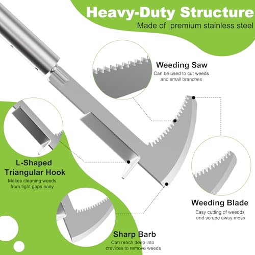 LIFFEE Crack Weeder, Stainless Steel Crevice Weeding Tool with 22'' to 64'' Adjustable Long Handle, L-Shaped Manual Weed Puller Spatula, Weed Remover Gardening Tool for Sidewalks Driveways Patio Pavers Rocks - Image 4