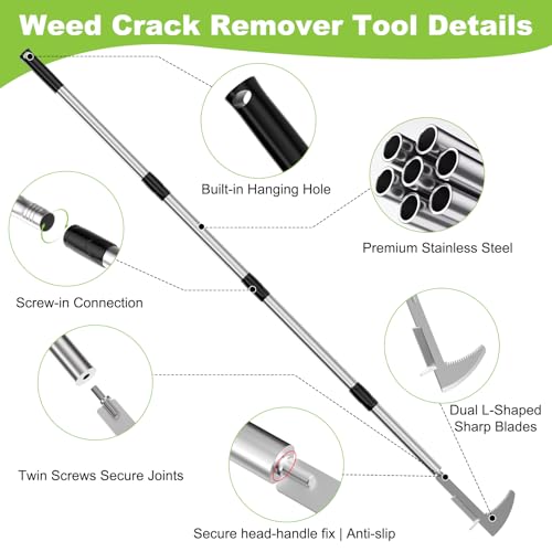 LIFFEE Crack Weeder, Stainless Steel Crevice Weeding Tool with 22'' to 64'' Adjustable Long Handle, L-Shaped Manual Weed Puller Spatula, Weed Remover Gardening Tool for Sidewalks Driveways Patio Pavers Rocks - Image 5