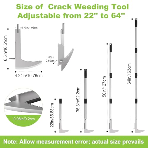 LIFFEE Crack Weeder, Stainless Steel Crevice Weeding Tool with 22'' to 64'' Adjustable Long Handle, L-Shaped Manual Weed Puller Spatula, Weed Remover Gardening Tool for Sidewalks Driveways Patio Pavers Rocks - Image 3