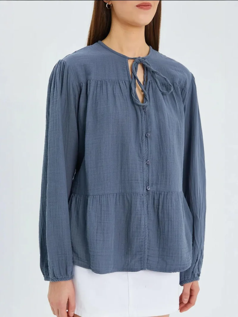 MixRay Mixray Long Sleeve Relaxed Fit Blouse with Tie-Neck