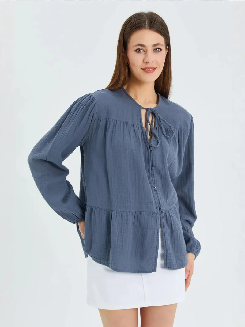 MixRay Mixray Long Sleeve Relaxed Fit Blouse with Tie-Neck