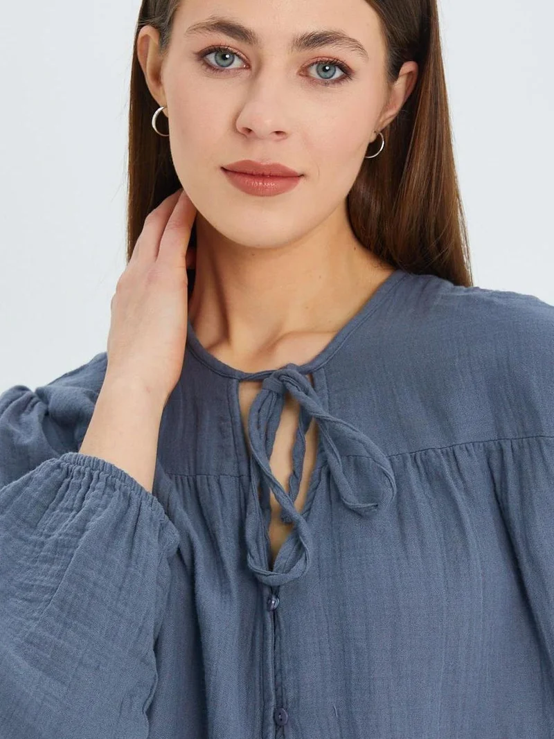 MixRay Mixray Long Sleeve Relaxed Fit Blouse with Tie-Neck