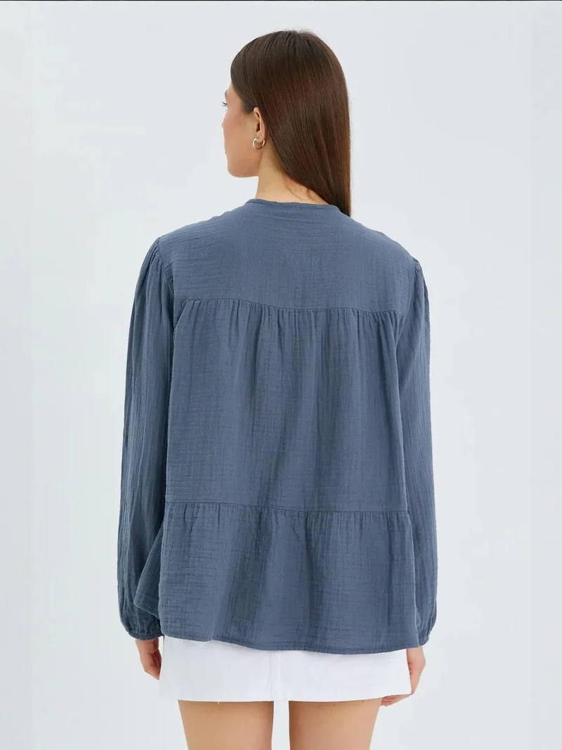 MixRay Mixray Long Sleeve Relaxed Fit Blouse with Tie-Neck