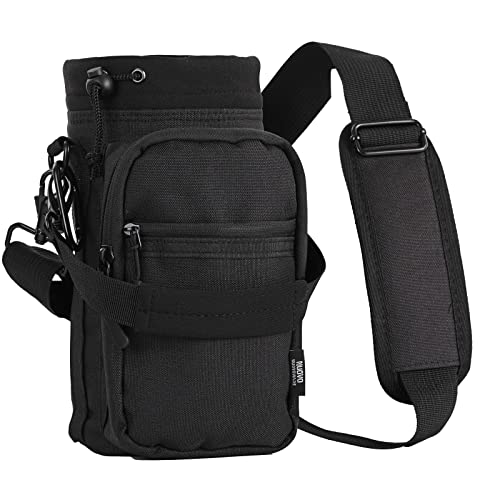 Nuovoware Water Bottle Carrier, 40oz Bottle Carrier Sports Water Bottle Holder with Adjustable Shoulder Strap, 2 Pockets Flask Sling Bag Drawstring Pouch for Climbing Hiking Walking, Carbon Black - Image 1