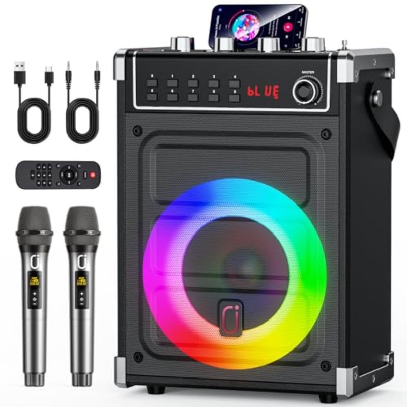 آلة كاريوكي مع 2 ميكروفونات لاسلكية UHF، مكبر صوت بلوتوث مع صوت جهير/ثلاثي وإضاءة LED، مضخم صوت ستوديو يدعم TWS، مدخل AUX، FM، إمداد للحفلات/الاجتماعات/الزفاف - أسود - Image 1