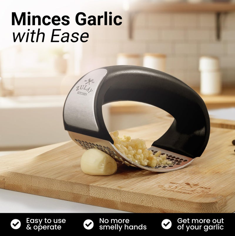 Zulay Kitchen Stainless Steel Garlic Press Rocker Set - Premium Garlic Mincer Garlic Crusher - New Innovative Garlic Crusher with Peeler and Scraper - Comfortable Grip (Black) - Image 2