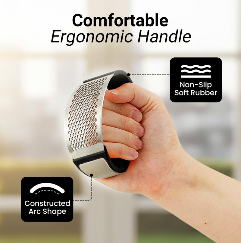 Zulay Kitchen Stainless Steel Garlic Press Rocker Set - Premium Garlic Mincer Garlic Crusher - New Innovative Garlic Crusher with Peeler and Scraper - Comfortable Grip (Black) - Image 5