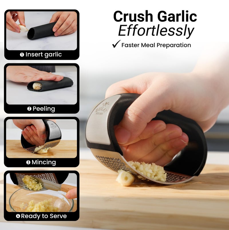 Zulay Kitchen Stainless Steel Garlic Press Rocker Set - Premium Garlic Mincer Garlic Crusher - New Innovative Garlic Crusher with Peeler and Scraper - Comfortable Grip (Black) - Image 4