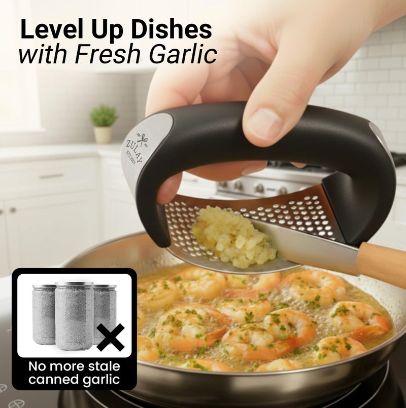Zulay Kitchen Stainless Steel Garlic Press Rocker Set - Premium Garlic Mincer Garlic Crusher - New Innovative Garlic Crusher with Peeler and Scraper - Comfortable Grip (Black) - Image 3