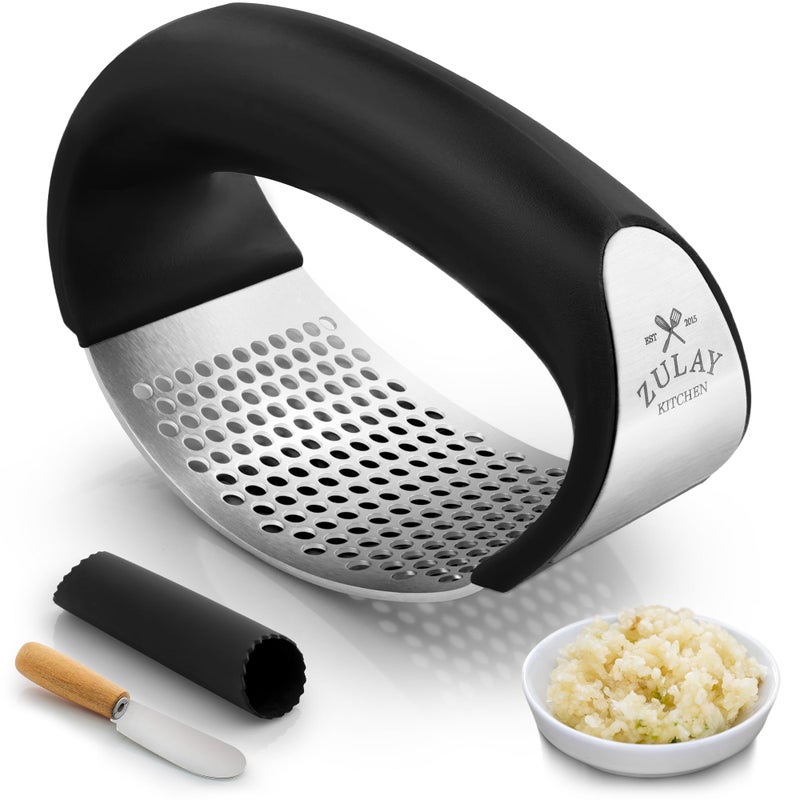 Zulay Kitchen Stainless Steel Garlic Press Rocker Set - Premium Garlic Mincer Garlic Crusher - New Innovative Garlic Crusher with Peeler and Scraper - Comfortable Grip (Black) - Image 1