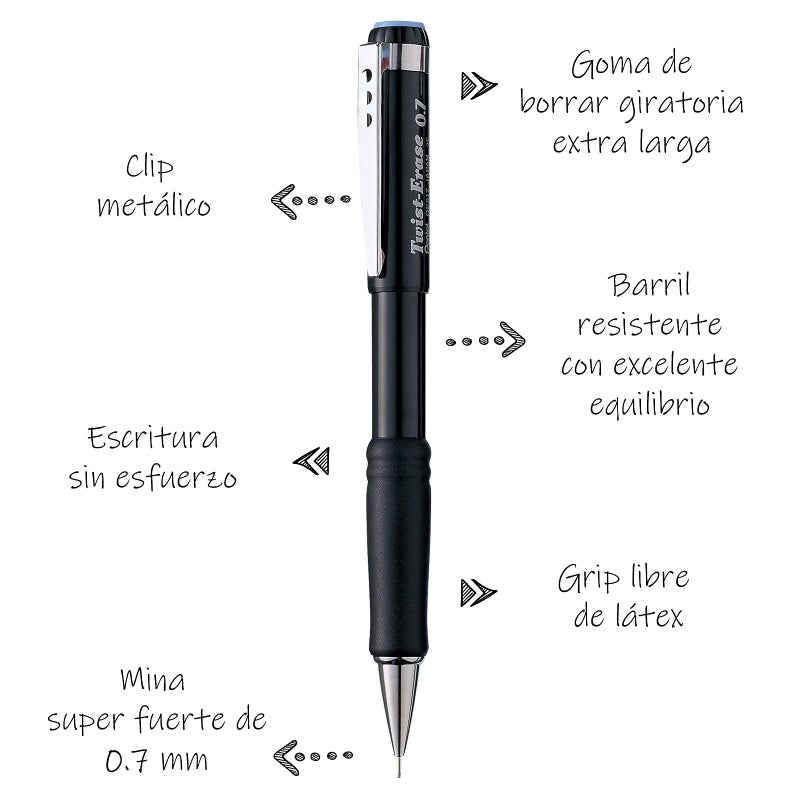 Pentel Twist-Erase III Mechanical Pencil, (0.7mm), Black Barrel, 12 Pack (QE517A) - Image 2