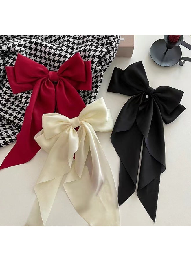 AceLuste 3-piece Women Bow Hair Clips, Long Tail Satin Ribbon Bow Hair Clips for Women and Girls, Valentine's Day, Birthday, Mother's Day, Party Decoration Gifts(Black, White and Red) - Image 1