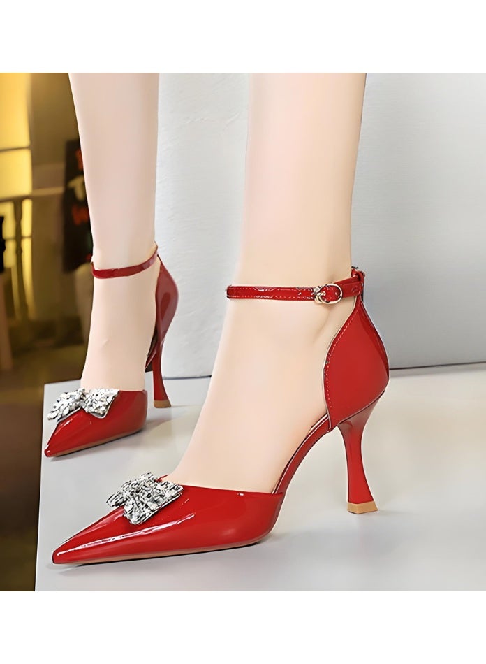 BIGTREE Women's Rhinestone Stiletto Pumps Closed Pointed Toe High Heels Party Dress Shoes With Ankle Straps Red 8CM - Image 4
