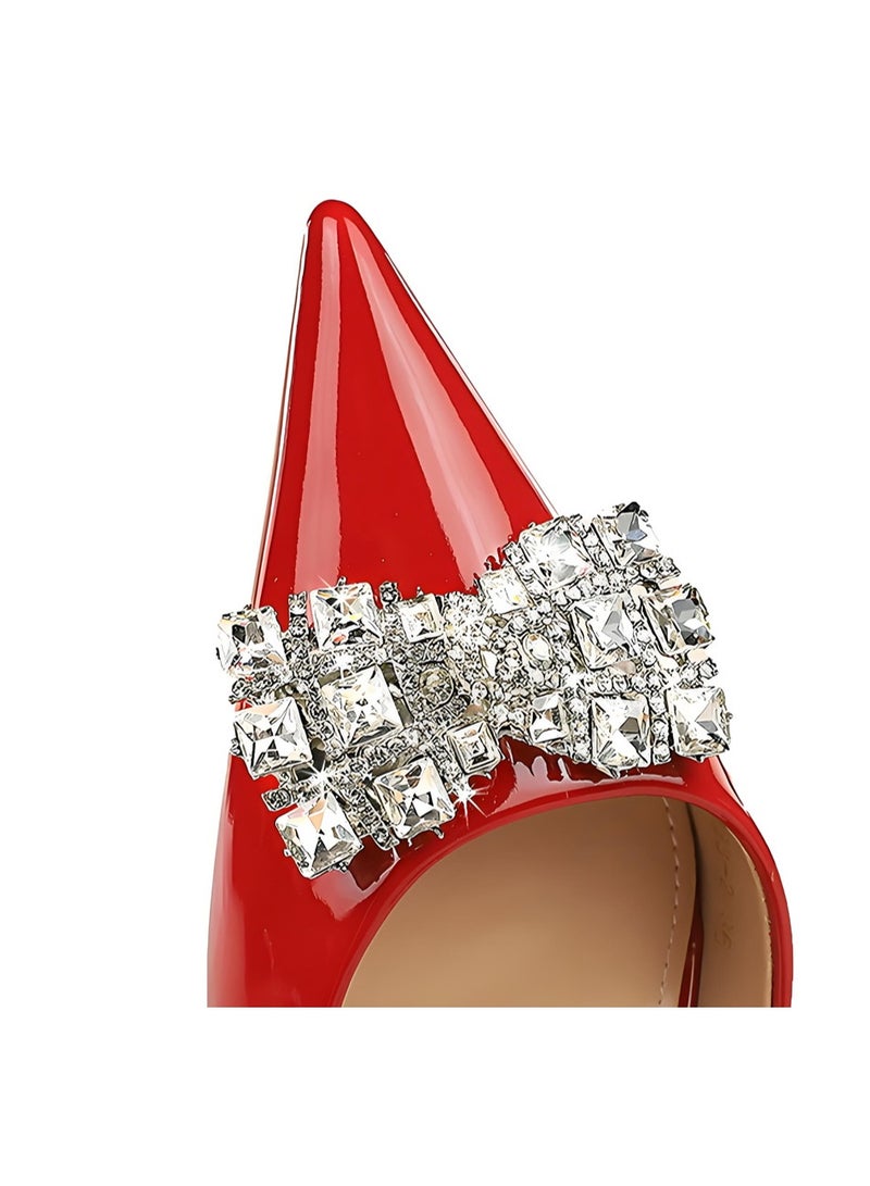 BIGTREE Women's Rhinestone Stiletto Pumps Closed Pointed Toe High Heels Party Dress Shoes With Ankle Straps Red 8CM - Image 3