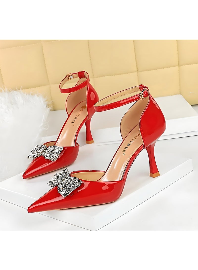 BIGTREE Women's Rhinestone Stiletto Pumps Closed Pointed Toe High Heels Party Dress Shoes With Ankle Straps Red 8CM - Image 1