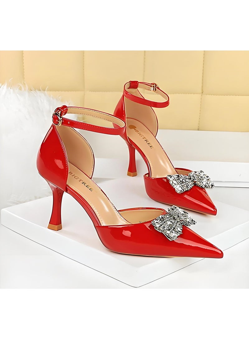 BIGTREE Women's Rhinestone Stiletto Pumps Closed Pointed Toe High Heels Party Dress Shoes With Ankle Straps Red 8CM - Image 2